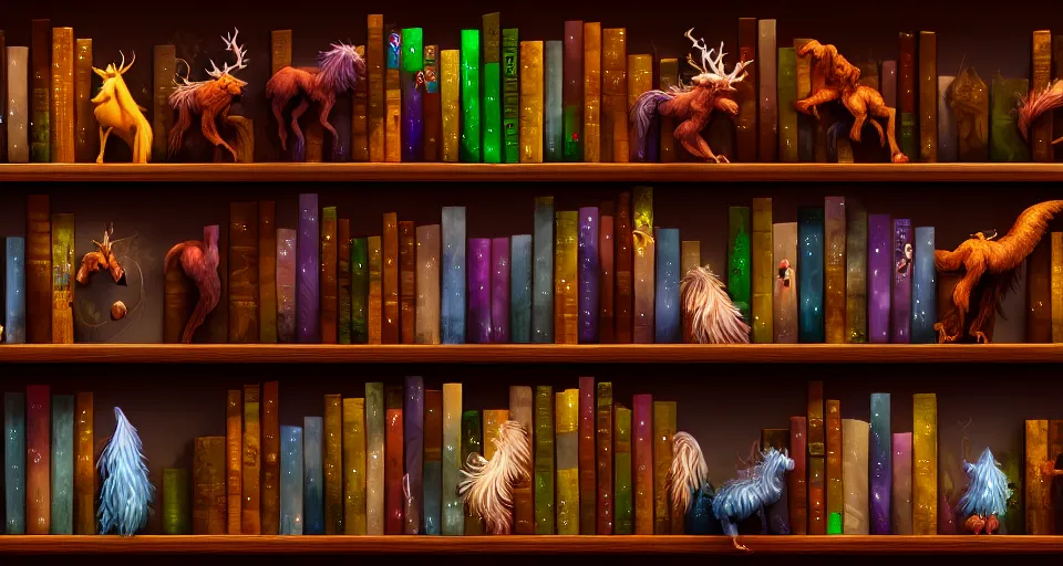 Image similar to a bookshelf of wonderful magical creatures, cinematic lighting, detailed, 4 k