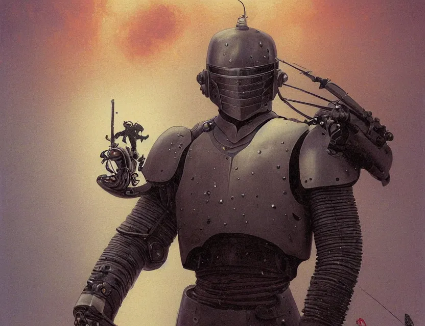 Image similar to a detailed portrait painting of a bounty hunter wearing combat armour and a reflective visor. Movie poster, cinematic sci-fi poster. Flight suit, cloth and metal, accurate anatomy. Samurai influence, knight influence. fencing armour. portrait symmetrical and science fiction theme with lightning, aurora lighting. clouds and stars. Futurism by moebius beksinski carl spitzweg moebius. baroque elements. baroque element. intricate artwork by caravaggio. Oil painting. Trending on artstation. 8k