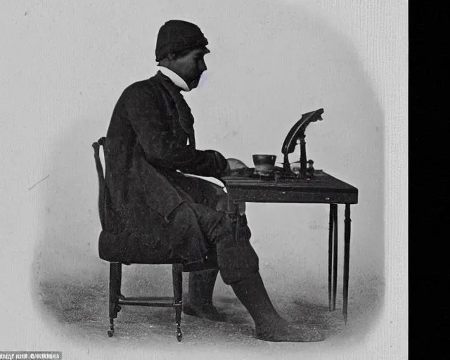 Image similar to an early 1800s photo of someone sitting at a computer making a donut in blender3d