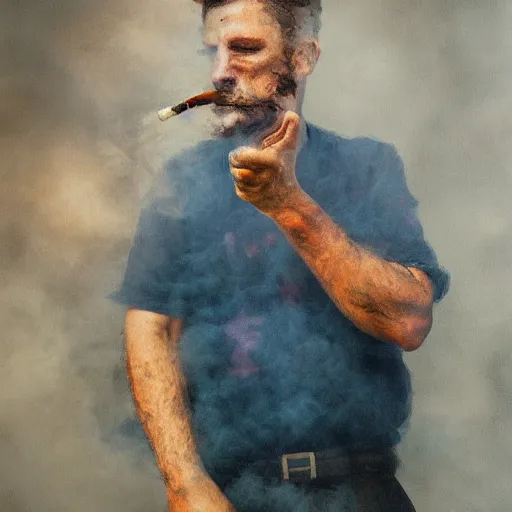 Image similar to smoker. smoke. happiness. impressionism. poster. matt painting. octane render