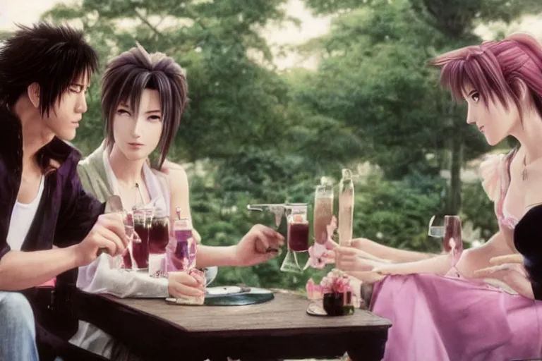 Prompt: makoto kusanagi and aerith gainsbourgh share drinks on the veranda, photographed by annie liebovitz