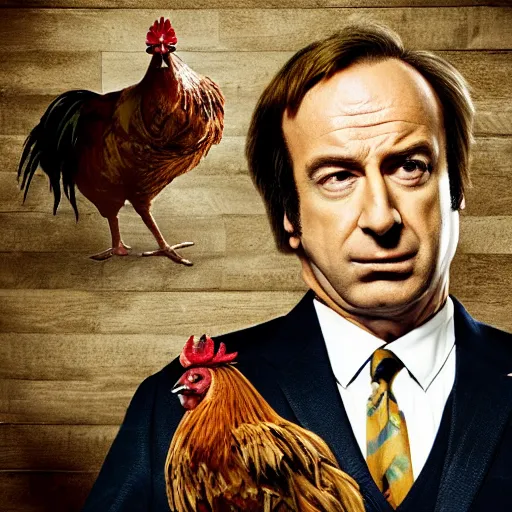 Image similar to saul goodman and a rooster in a saw movie torture chamber, saw movie jigsaw background, saul goodman, rooster, photo