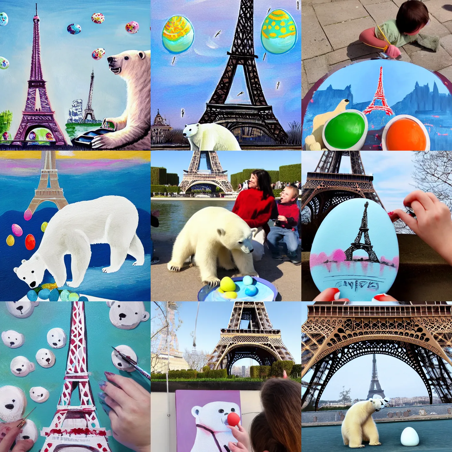 Prompt: A polar bear painting easter eggs in front of the Eiffel Tower