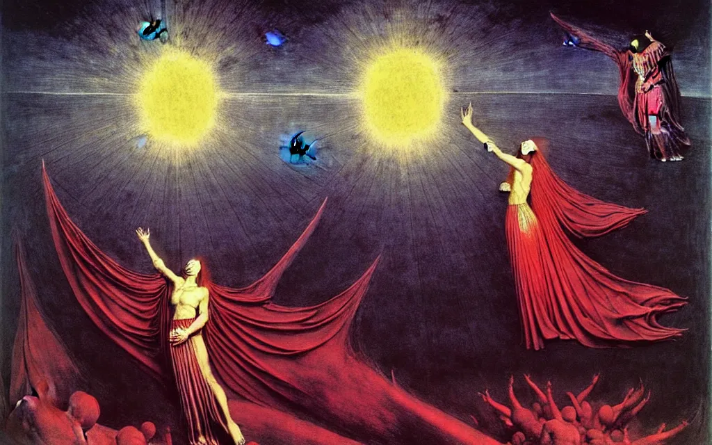 Image similar to ascension of the scarlet woman by caravaggio adolf wolfli beksinski jan van eyck william blake, ascension to heaven, damned souls, golden sun, sky with stars, ecstatic visions, religious ritual, epiphany, conical red hood