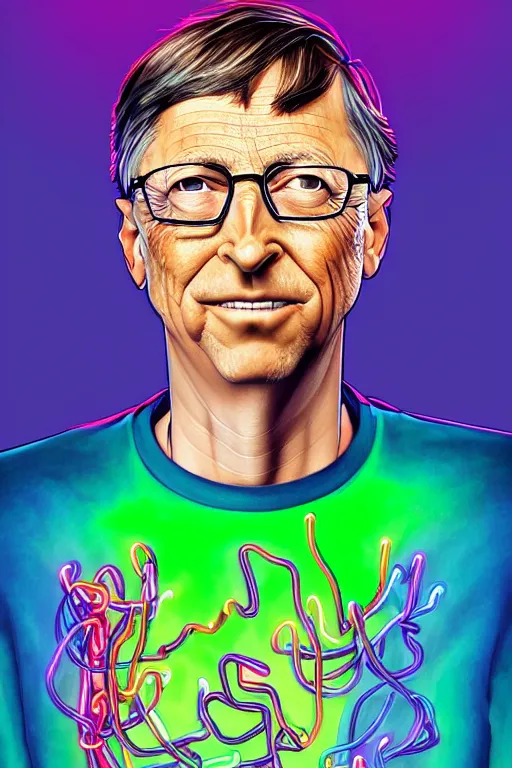 Image similar to a award winning half body portrait of a bill gates with stunning eyes in a croptop and cargo pants with rainbow colored hair, outlined by whirling illuminated neon lines and fine lines swirling in circles by jesper ejsing and rhads and makoto and shinkai and lois van baarle, digital art, trending on artstation