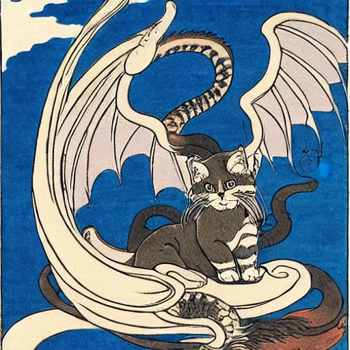 Prompt: a beautiful cat with dragon wings, illustration by hokusai