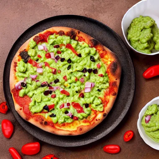 Image similar to photo of a pizza with nacho topping, salsa, guac, chilli beans