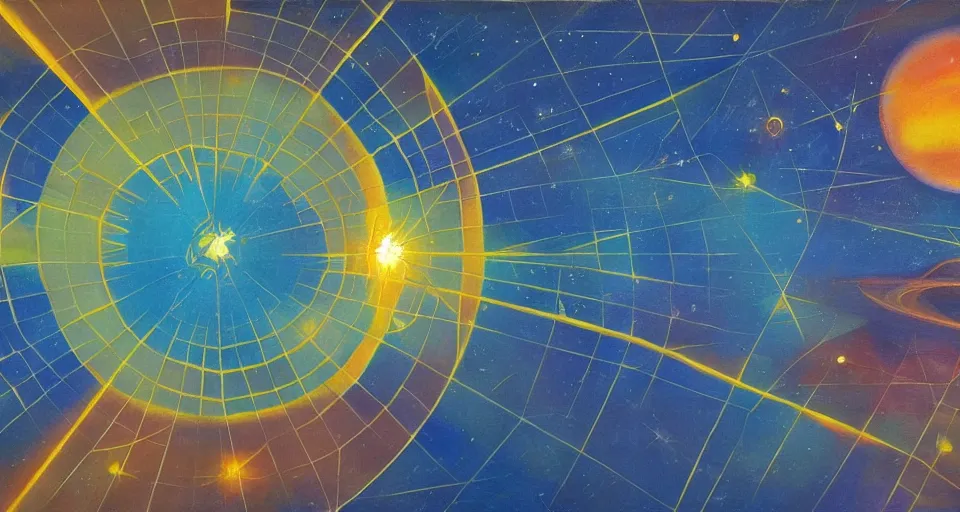 Image similar to hexagonal solar sail in space between the sun and earth, art deco painting