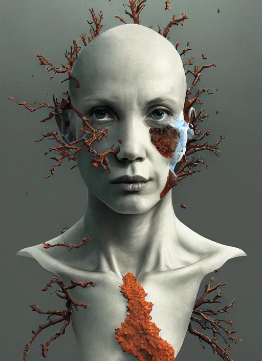 Prompt: bust, technology vs nature, split in half, falling out of the face, coral, the truly amazing part about this is that it increasingly appears our cortical evolution reflects this emergent tension, photorealistic by michael komarck, greg rutkowski, victo ngai, artgerm, willem claesz heda and j. dickenson