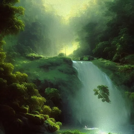 Image similar to Waterfall in a beautiful, green, lush paradise, creating mist in the lake below, trending artstation, cgsociety, 8k, hdr, hyper-detailed, digital painting by Aivazovsky