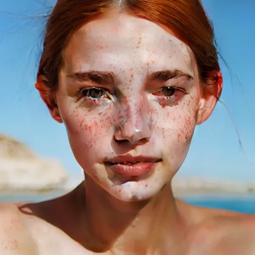 Image similar to beautiful serene intricate portrait of a cute thin young woman, red blush, cute freckles, smug smile, modern clothes, relaxing on the beach, golden hour, close up shot, soft focus, 8 k, art by irakli nadar, hyperrealism, hyperdetailed, ultra realistic