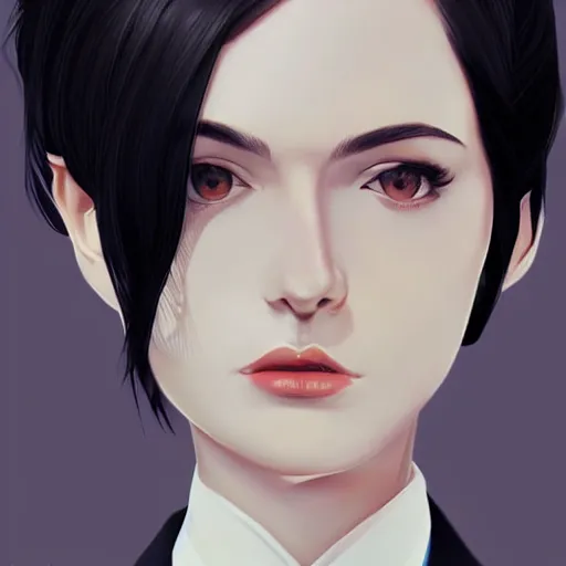 Image similar to slim girl in tuxedo with short black hair, elegant, 2d, ultra highly detailed, digital painting, smooth, sharp focus, artstation, art by Ilya Kuvshinov