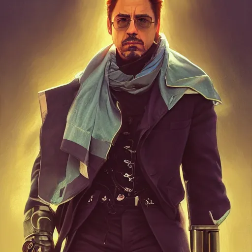 Image similar to robert downey jr, highly detailed vfx portrait, unreal engine, greg rutkowski, loish, rhads, caspar david friedrich, makoto shinkai and lois van baarle, ilya kuvshinov, rossdraws, elegent, tom bagshaw, alphonse mucha, global illumination, detailed and intricate environment.