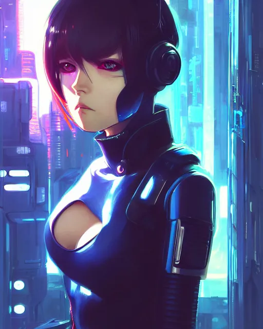 Image similar to a comic potrait of a cyberpunk cyborg girl with big and cute eyes, fine - face, realistic shaded perfect face, fine details. night setting. very anime style. realistic shaded lighting poster by ilya kuvshinov katsuhiro, magali villeneuve, artgerm, jeremy lipkin and michael garmash, rob rey and kentaro miura style, trending on art station