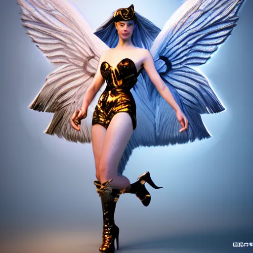 Image similar to fantasy angel with wings inspired avant - garde art, deco fashion, highly detailed, photorealistic portrait, bright studio setting, studio lighting, crisp quality and light reflections, unreal engine 5 quality render