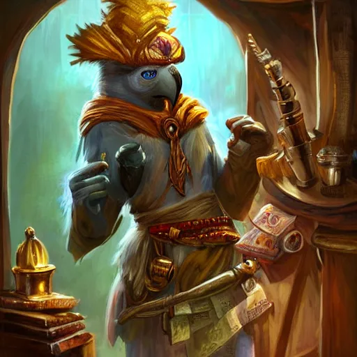 Image similar to Magic the gathering artwork of Anthropomorphized parrot trader in his shop, shelves full, selling a gem, portrait, items, magic potions, carpet, window, fancy funny hat, sly expression , cunning expression, cute expression, presenting magic gem, D&D, fantasy, cinematic lighting, highly detailed, digital painting, artstation, concept art, smooth, sharp focus, illustration, warm light, cozy warm tint, magic the gathering artwork, volumetric lighting, 8k, no gold, no gold colours, art by Akihiko Yoshida and Greg Rutkowski