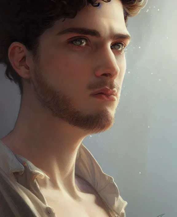Image similar to portrait close up of young guy, concentrated look at the camera, symmetry, d & d, fantasy, intricate, elegant, highly detailed, digital painting, artstation, concept art, art by artgerm and greg rutkowski and alphonse mucha, boris vallejo