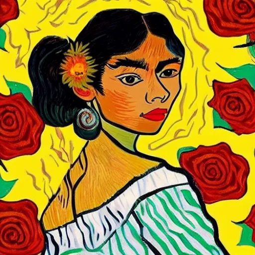 Prompt: beautiful tan mexican woman, dancing in a field of roses, prominent rosy cheek bones, black hair and brown eyes, van gogh art style,