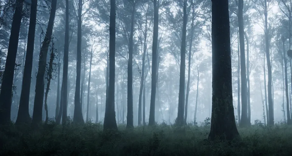 Image similar to a magical forest, thick fog, dark, fireflies flying and glowing, big trees, epic lighting, cinematic 4K