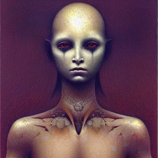 Image similar to portrait of ethereal young crow princess in golden armour by Beksinski