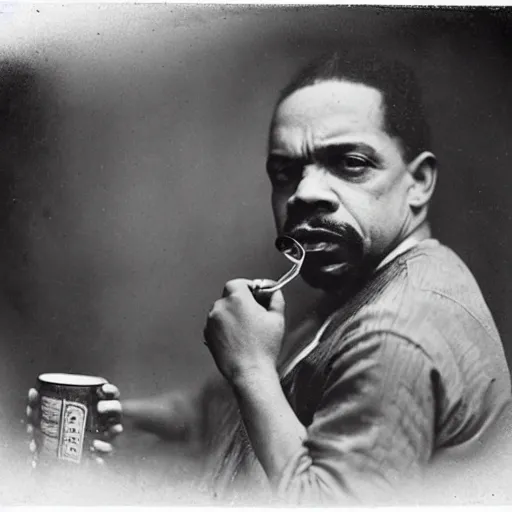 Image similar to tintype photo of ice - t, drinking iced tea, by julia margaret cameron 1 8 8 0 s, realistic, body shot, sharp focus, 8 k high definition, insanely detailed, intricate, elegant