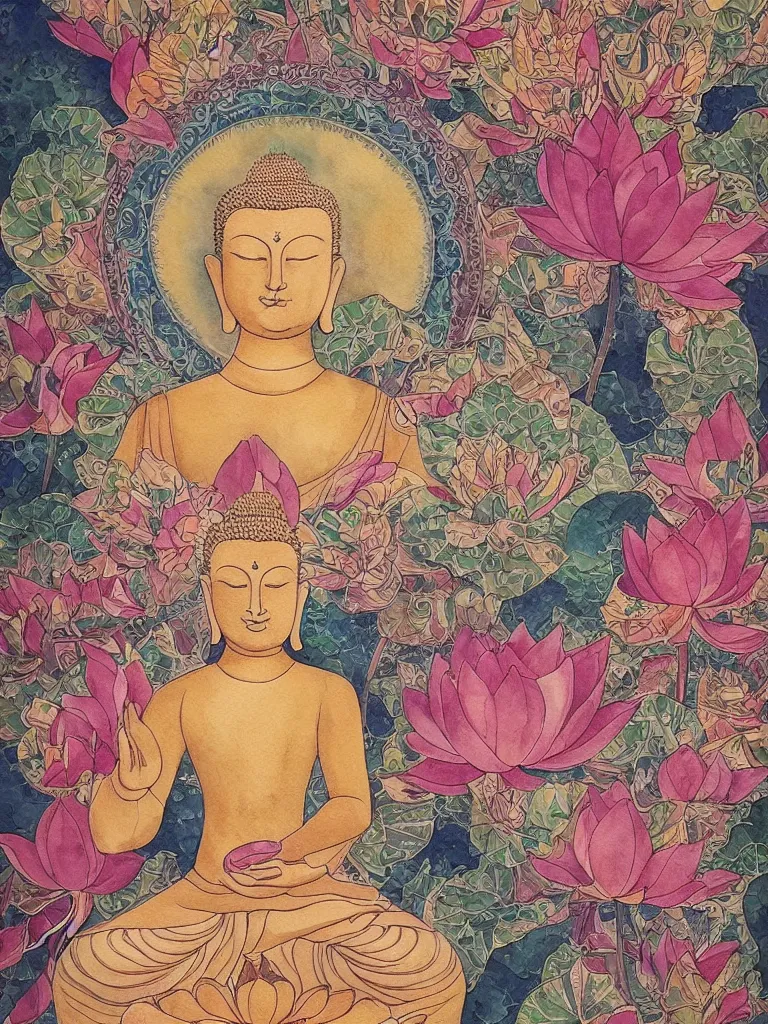 Prompt: a beautiful fine art watercolor painting of a buddha and a sacred lotus flower, intricate details, aesthetically pleasing and harmonious colors, sacred and pure