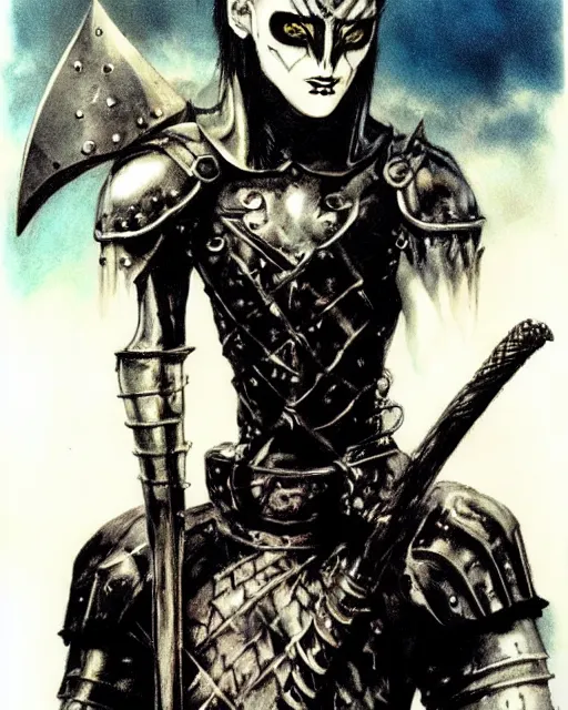 Prompt: portrait of a skinny punk goth knight wearing armor by simon bisley, john blance, frank frazetta, fantasy, barbarian