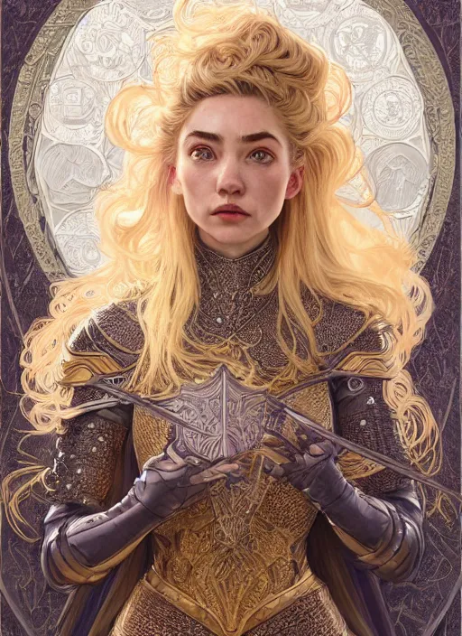 Image similar to centered portrait, Imogen Poots as a D&D paladin, blonde hair, intricate metal armour, Art Nouveau, beautiful retro Fantasy heroine 1985, intricate, elegant, highly detailed, centered, digital painting, trending on artstation, concept art, smooth, sharp focus, illustration, art by raphael lacoste, eddie mendoza, Mucha, alex ross, WLOP