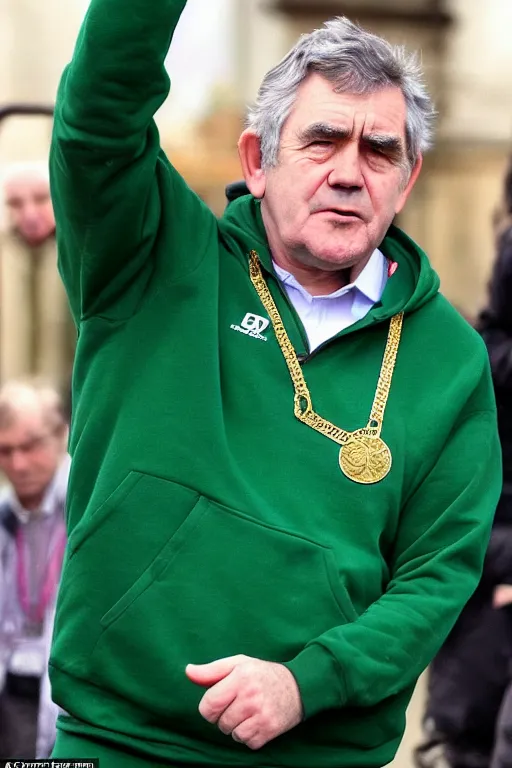 Prompt: gordon brown, his hair is black, wearing a green umbro tracksuit and gold necklace star with 1 3 points shaped medallion, hands raised in the air,