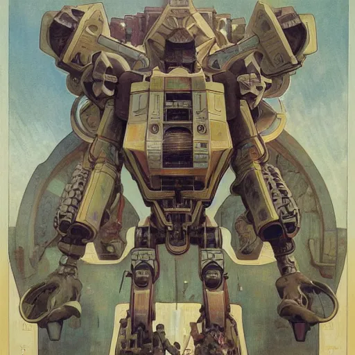 Image similar to beautifully colored detailed scifi painting of occultist scientists summoning a mobile suit, occult giant robot power armor eched with power runes by m. c. escher, beeple, greg rutkowski and alphonse mucha