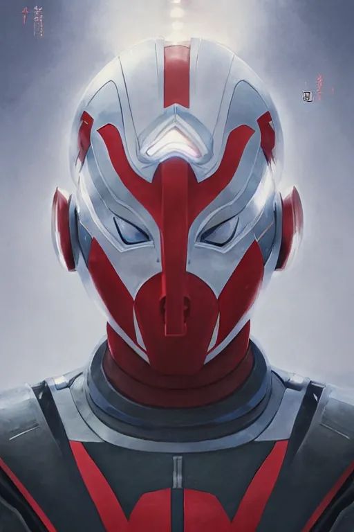 Image similar to portrait of a ultraman with japanese armor and helmet,, symmetrical, art by greg rutkowski, matte painting, trending on artstation