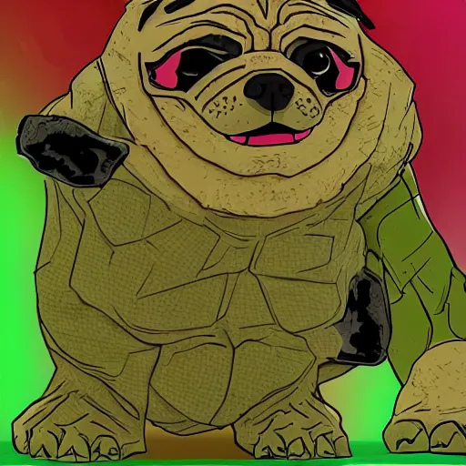 Image similar to pug dog turning into the Incredible Hulk, green skin, angry, torn clothes, marvel comics, cell animation, intricate detail,