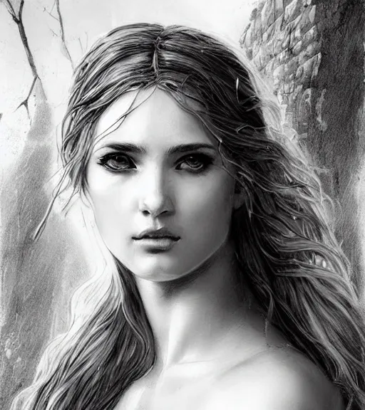 Image similar to beautiful young aphrodite goddess, archer, realistic face, beautiful eyes, black and white drawing, in the style of greg rutkowski, fantasy, amazing detail, epic, intricate, elegant, smooth, sharp focus