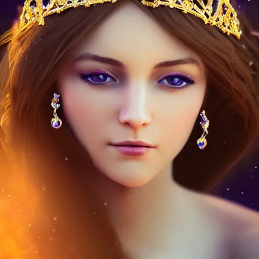 Image similar to a photographic portrait of an fantasy 30 years old princess with a deep blue sapphire and gold small diadem, seductive look, warmer and softer colours, more tan face, lighter brown hair, cinematic light, bokeh, by Danny Battista canon 50mm, artstation