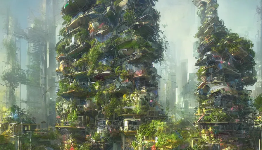 Image similar to craig mullins and ghibli digital illustration organized solarpunk tall vertical farms, scifi hydroponics, colorful, unreal engine, hyper realism, realistic shading, cinematic composition, realistic render, octane render, detailed textures, photorealistic, wide shot