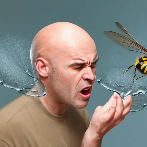 Image similar to a photo of a balded man arguing at a wasp, close up, photorealistic