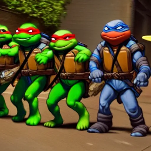 Image similar to Epic shot of Teenage Mutant Ninja Turtles coming out from the sewers