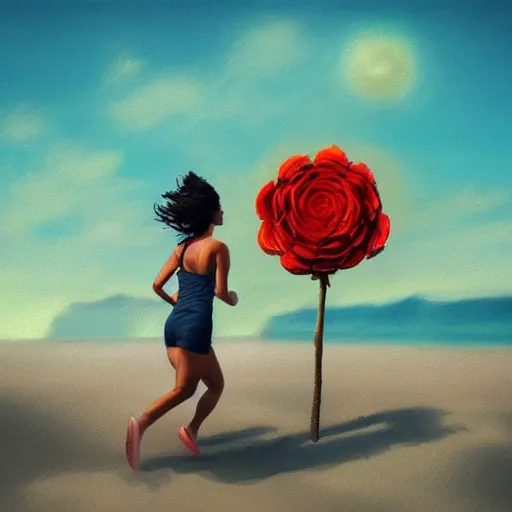 Image similar to portrait, giant rose flower head, woman running at the beach, surreal photography, sunrise, blue sky, dramatic light, impressionist painting, digital painting, artstation, simon stalenhag