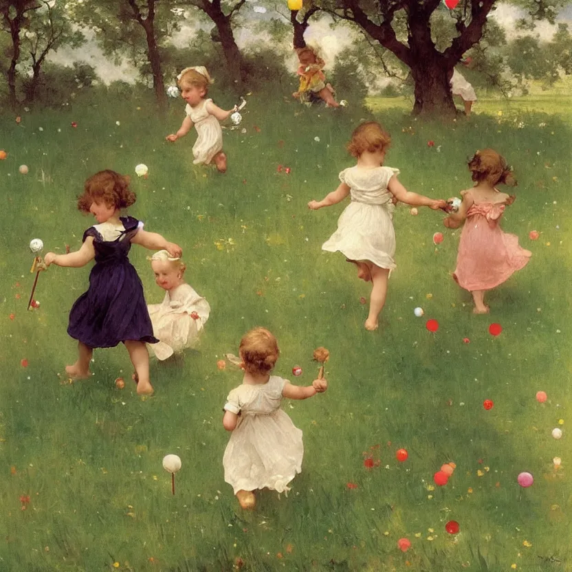 Image similar to idyllic cute toddler children running through meadows with lollypops, streamers, balloons, blue sky, flowers. dreamlike fantasy painting by norman rockwell, bouguereau. trending on artstation.