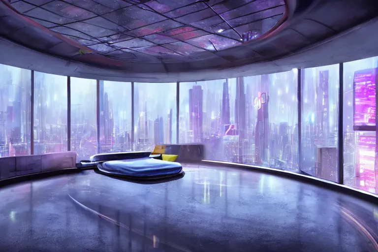 Image similar to a futuristic bedroom with large curved ceiling high windows looking out to a far future cyberpunk cityscape, cyberpunk neon lights, raining, scifi