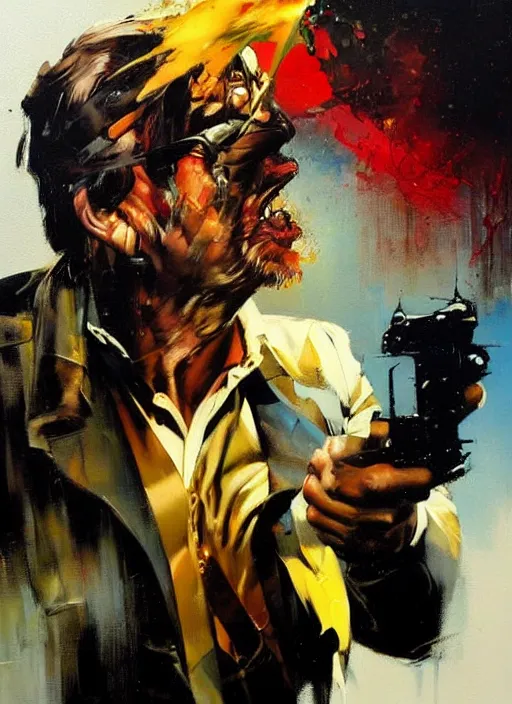 Prompt: 'howard hamlin'!! getting shot, head exploding, painting by phil hale, 'action lines'!!!, graphic style, visible brushstrokes, motion blur, blurry