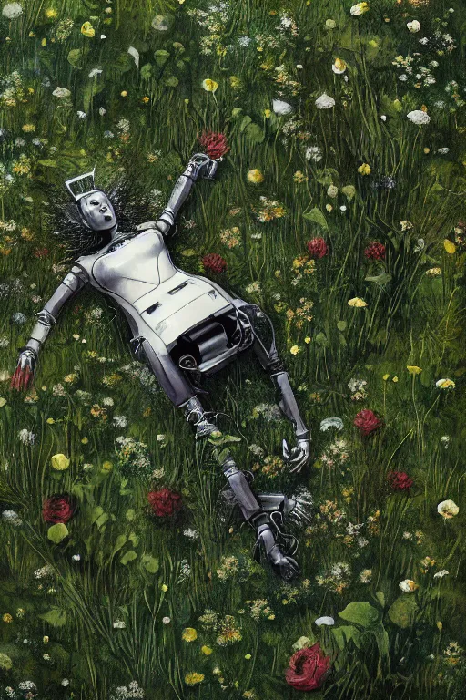 Image similar to a fancy portrait of a broken robot laying in the meadow covered in plants by greg rutkowski, sung choi, mitchell mohrhauser, maciej kuciara, johnson ting, maxim verehin, peter konig, bloodborne, 8 k photorealistic, cinematic lighting, hd, high details, dramatic, dark atmosphere, trending on artstation