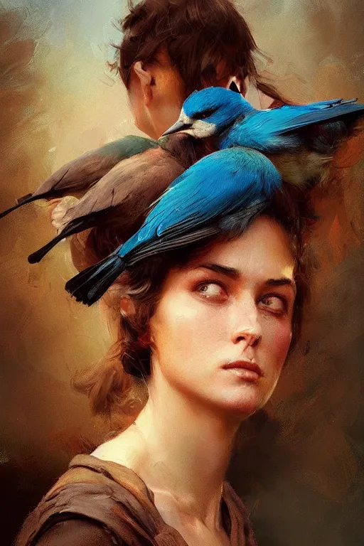 Prompt: birds, flock of brown black blue birds, oil painting, sunlit, paint texture, digital painting, highly detailed, artstation, sharp focus, illustration, concept art, ruan jia, charlie bowater, tom bagshaw, norman rockwell