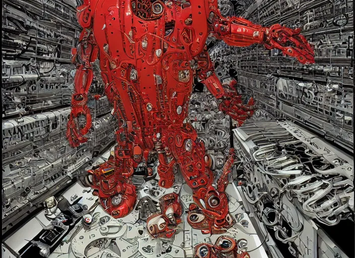 Image similar to cyborg in the data center, wired to the equipment and typing on the keyboard, red biomechanical details, wearing epic bionic cyborg implants, inflateble shapes, masterpiece, intricate, biopunk, highly detailed, artstation, concept art by frank miller geof darrow mike mignola, 8 k