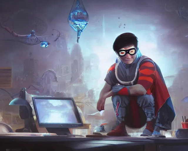 Image similar to an insanely detailed painting of a nerdy asian man wearing a superhero costume, sitting at a desk, staring at the nervously at the computer and typing, in the style of peter mohrbacher, dramatic lighting and composition, surreal background, octane render, pixar, trending on artstation, concept art, comic book, view from behind