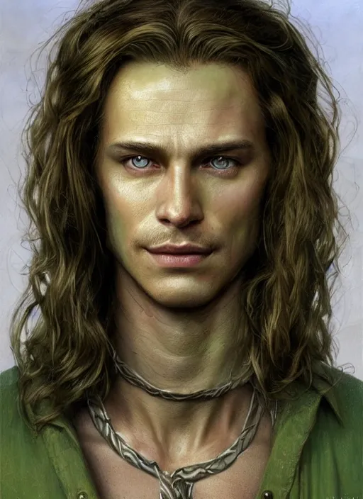 Prompt: a spiritual man in his twenties smirking with medium light brown hair tied back, light green eyes, a large forehead, a widows peak and a round face with high cheekbones and full lips as a realistic d & d fantasy character, portrait art by donato giancola and greg rutkowski, vintage retro, realistic face, digital art, trending on artstation