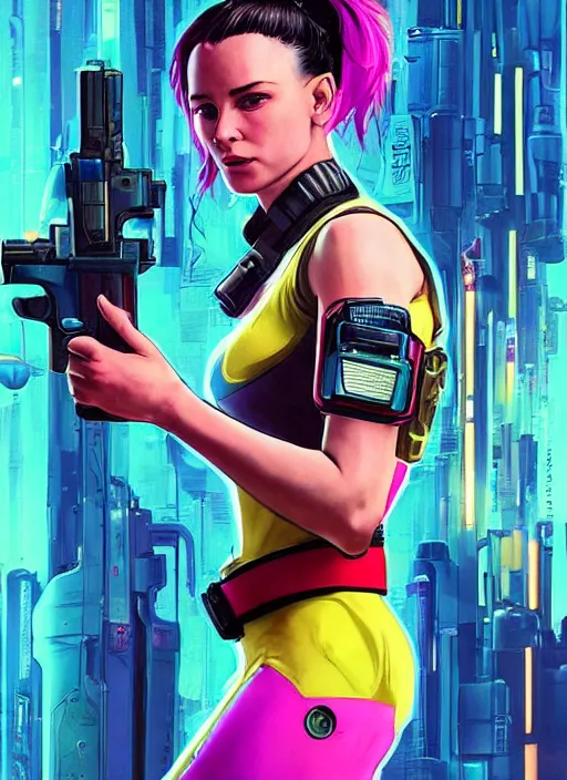 Image similar to beautiful cyberpunk female athlete wearing pink jumpsuit and pointing a yellow belt fed pistol. advertisement for pistol. cyberpunk ad poster by james gurney, azamat khairov, and alphonso mucha. artstationhq. gorgeous face. painting with vivid color, cell shading. buy now! ( rb 6 s, cyberpunk 2 0 7 7 )