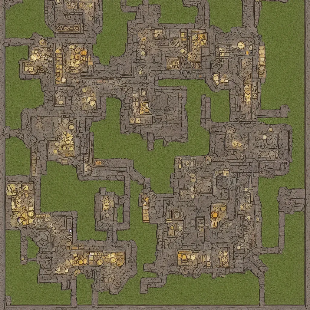 Prompt: tabletop rpg battlemap, castle floorplan, top down grid, high detail, architectural, full color, flat light, spiral stairs, gate, narrow windows