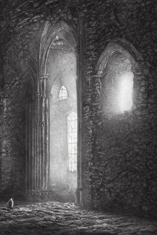 Image similar to baroque gothic woman, lit by a single candle, inside a ruined abbey, a crow stood nearby, cobwebs, dead leaves, gustave dore, 4 k resolution, concept art, mist, autumnal, chiaroscuro,