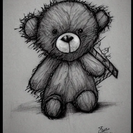 Prompt: grunge drawing of a teddy bear in the style of the grudge